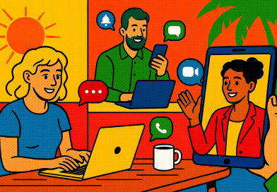 Illustration of team collaborating remotely in a sunlit digital nomad workspace setting, with a relaxed mood.