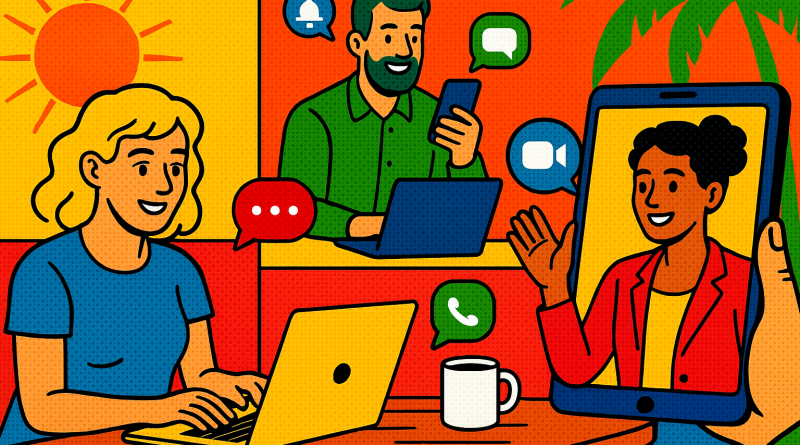 Illustration of team collaborating remotely in a sunlit digital nomad workspace setting, with a relaxed mood.