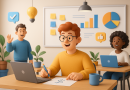 Illustration of startup founder brainstorming in a shared creative hub setting, with a happy mood.