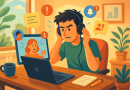 Illustration of remote worker on video call in a sunlit digital nomad workspace setting, with a focused mood.