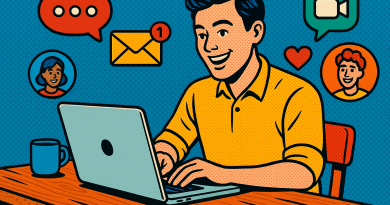 Illustration of freelancer using productivity tools in a laptop on rustic table setting, with a happy mood.