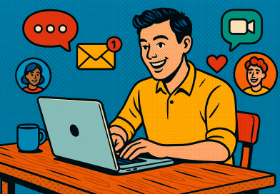 Illustration of freelancer using productivity tools in a laptop on rustic table setting, with a happy mood.