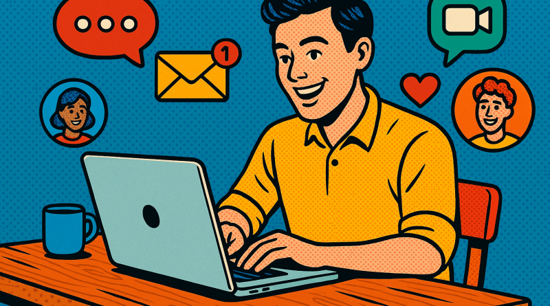 Illustration of freelancer using productivity tools in a laptop on rustic table setting, with a happy mood.