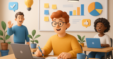 Illustration of startup founder brainstorming in a shared creative hub setting, with a happy mood.
