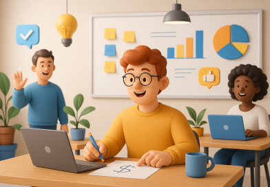 Illustration of startup founder brainstorming in a shared creative hub setting, with a happy mood.