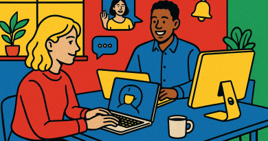 Illustration of team collaborating remotely in a modern coworking space setting, with a relaxed mood.