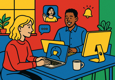 Illustration of team collaborating remotely in a modern coworking space setting, with a relaxed mood.