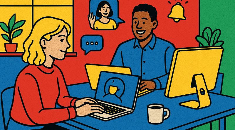 Illustration of team collaborating remotely in a modern coworking space setting, with a relaxed mood.