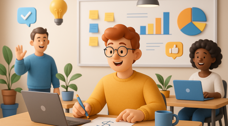 Illustration of startup founder brainstorming in a shared creative hub setting, with a happy mood.